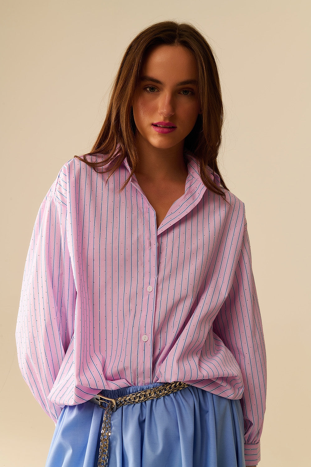 Pink Striped Poplin Shirt Embellished With Strass
