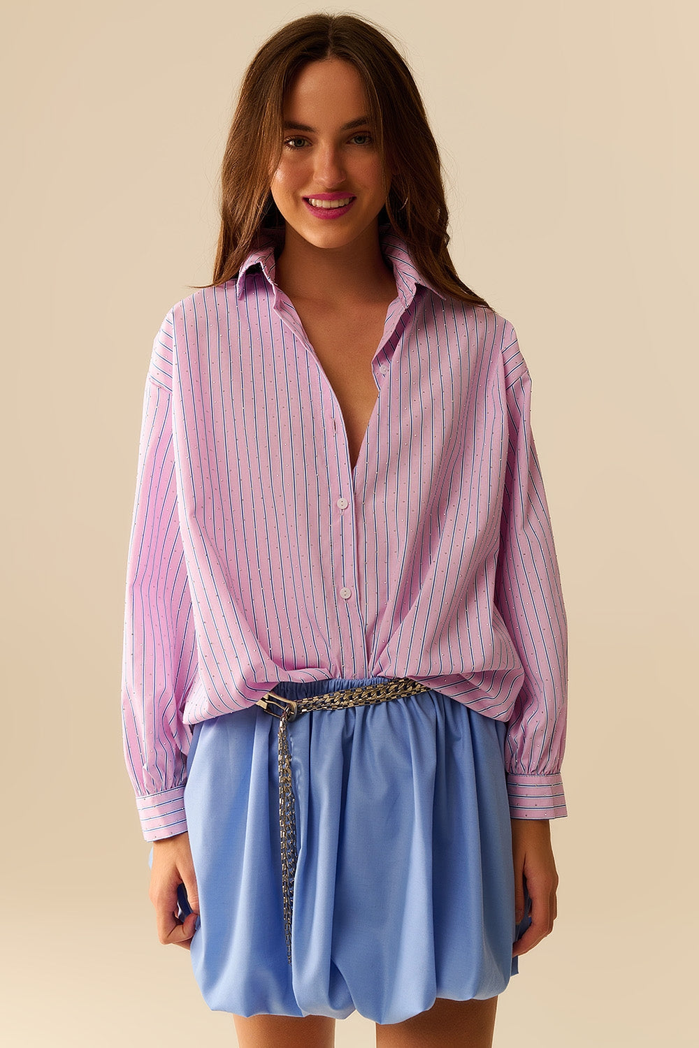 Pink Striped Poplin Shirt Embellished With Strass